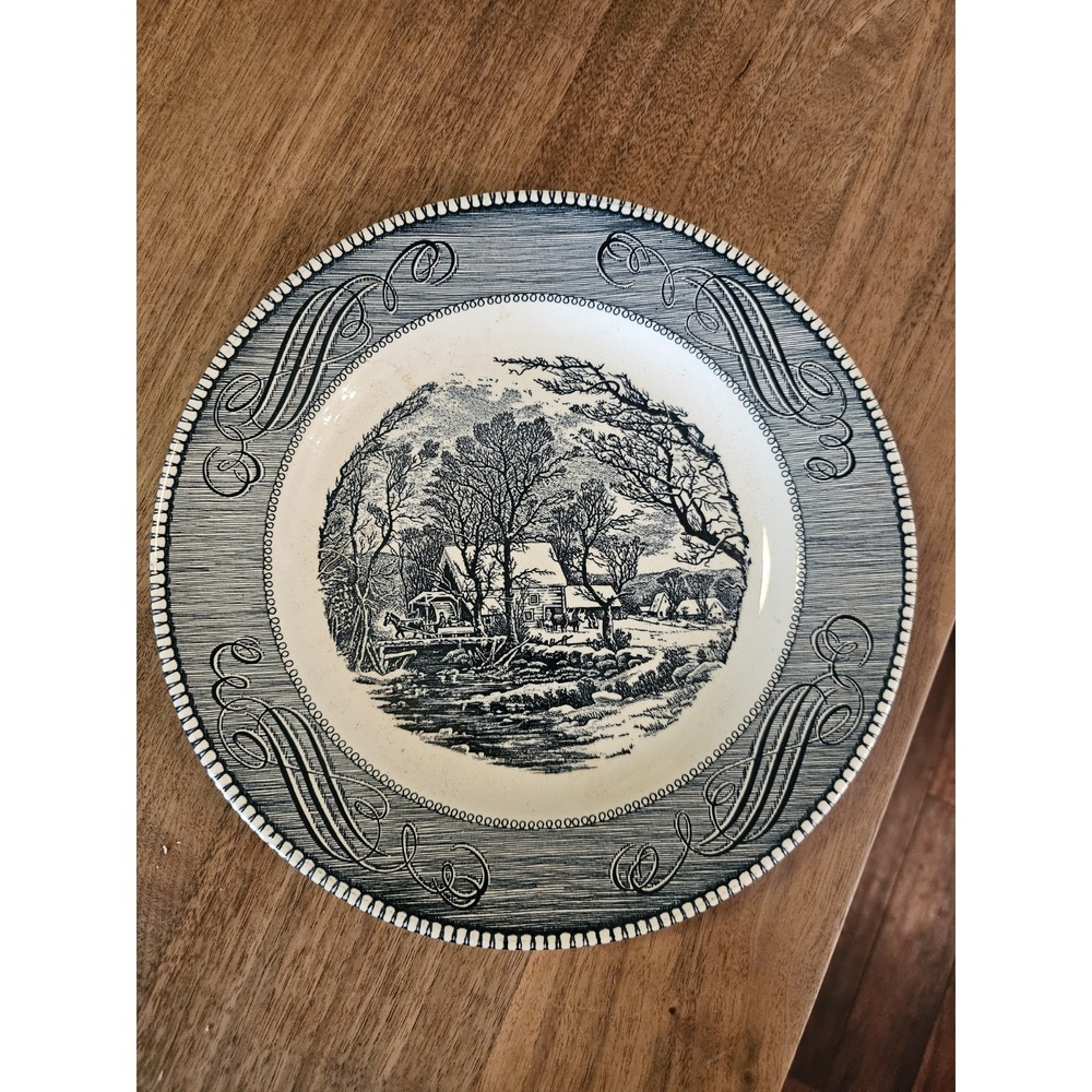 Currier And Ives Cavalier Ironstone China Plate. Navy And White 10 Inch